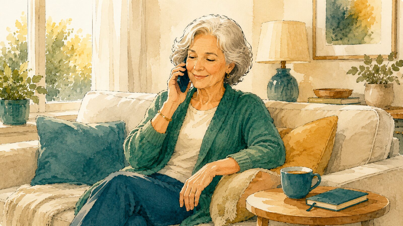 A watercolor illustration of an older woman smiling while talking on the phone in a cozy living room