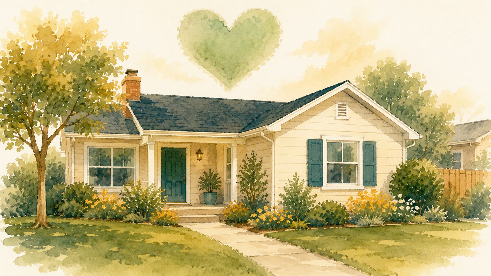 A watercolor illustration of a cozy home with a soft green heart floating protectively above it