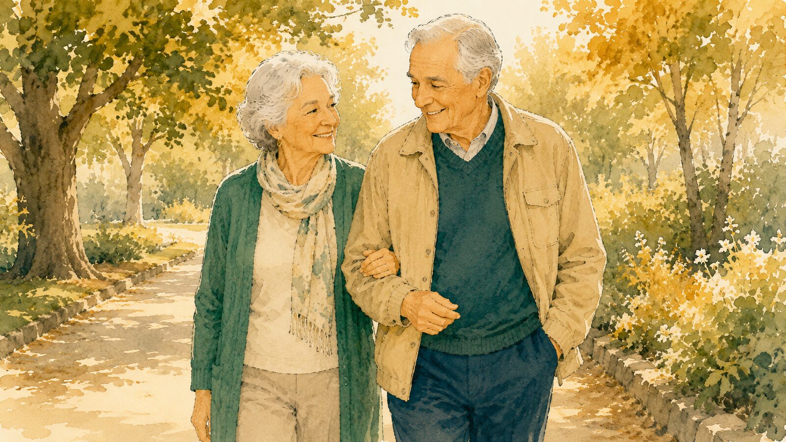 A watercolor illustration of a happy older couple walking together on a sunny tree lined path