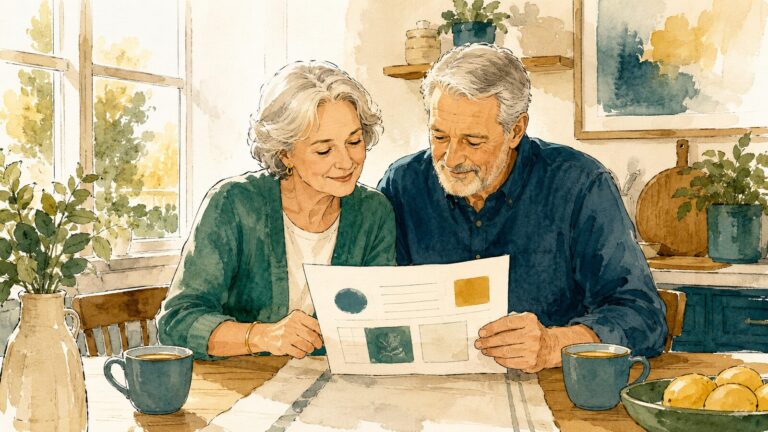 A warm watercolor illustration of an older couple at a sunny kitchen table calmly reviewing a simple plan together